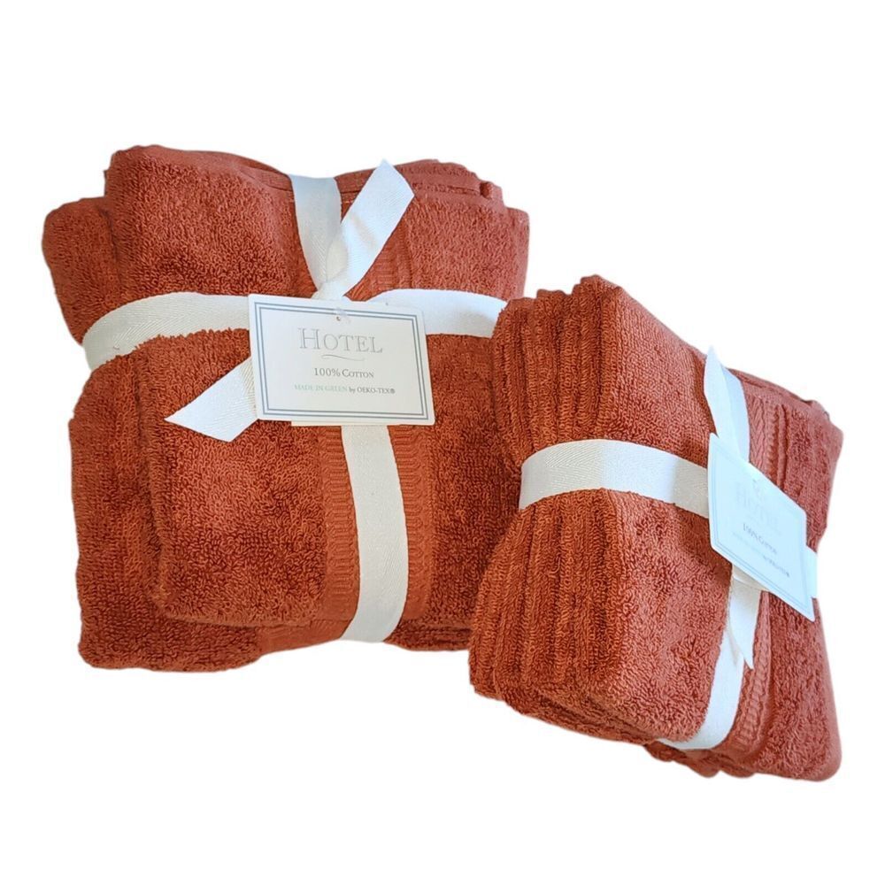 Hotel‎ 8pc Autumn Rust Red Cotton Towel Set 2 Bath 2 Hand 4 Tip Made in Green - Picture 10 of 15